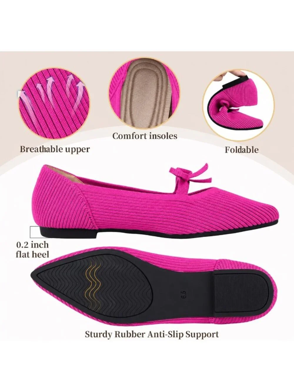 Women's Pink Pointed Toe Knit Ballet Flats Comfortable Pull On Casual Shoes